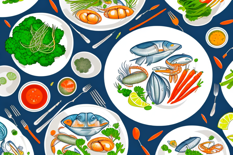 A plate of seafood and vegetables