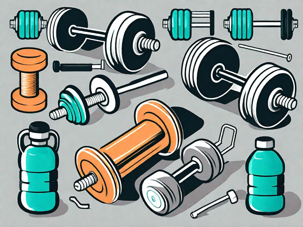 Various gym equipment like dumbbells